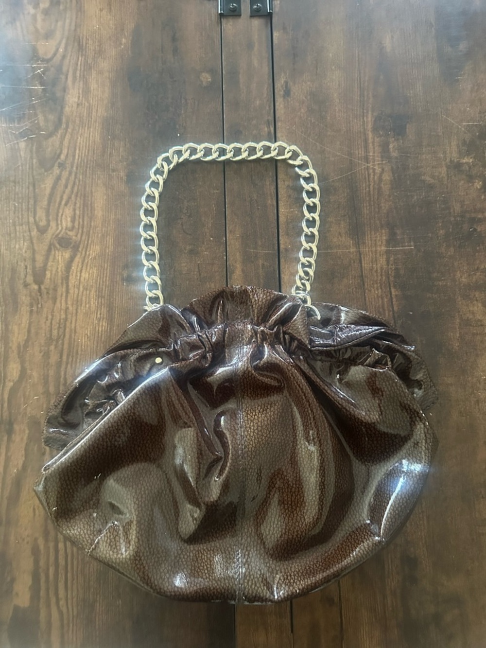Loeffler Randall Dark Brown Patent Drawstring Shoulder Bag with Gold Chain